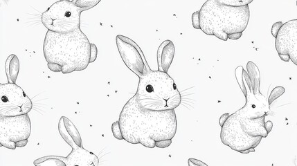 34.A whimsical bunny-themed vector pattern featuring cute, simplified rabbit expressions, all hand-sketched with fine details. The subtle irregularity of the linework adds a natural, artisanal touch