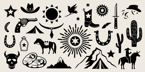 Collection of western and cowboy icons in silhouette against a light background