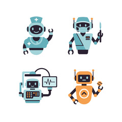 Fototapeta premium Four friendly robots in medical roles, depicting healthcare automation.