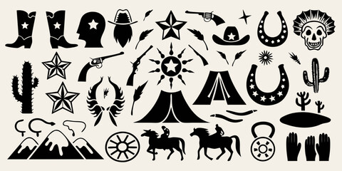 Collection of western and cowboy icons and symbols for design