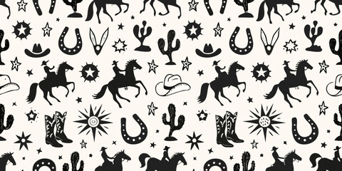 Whimsical western silhouette pattern featuring cowboys on horses cacti horseshoes and boots