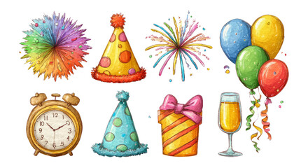 Obraz premium Colorful Celebration Elements Including Balloons, Hats, and Drink