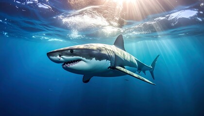 Fototapeta premium Great white shark swims deep