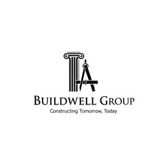 Logo for Buildwell Group, a construction company, featuring a classical column and a compass, conveying a message of building the future.