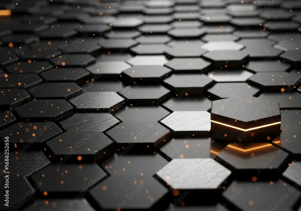 Poster dark hexagonal tiles abstract background with glowing edges and floating golden particles