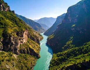 Mountainous river valley with bright sky