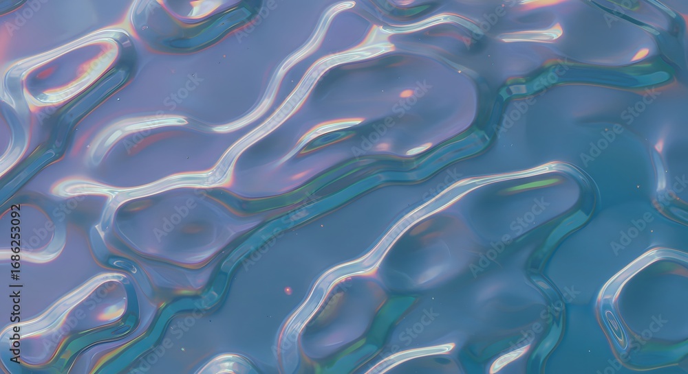 Poster captivating abstract background of a shimmering liquid surface with iridescent waves, reflecting lig