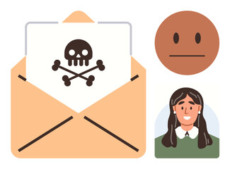 Open envelope with toxic warning skull and crossbones, alongside neutral and concerned facial expressions. Ideal for cybersecurity, phishing scams, online threats, user awareness, digital safety