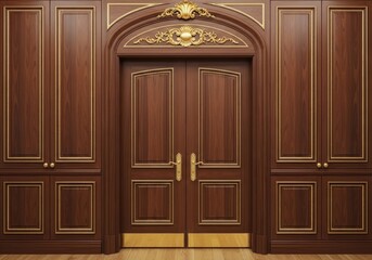 Detailed Mahogany Door with Gold Trim Accents Elegant Wood Paneling Design