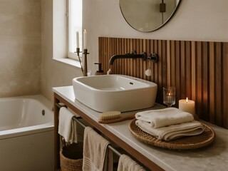 a modern and minimalistic bathroom with wooden accents, featuring an elegant white sink on top of the counter.
