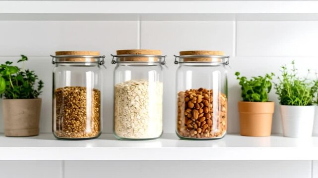Three jars, filled with food staples, sit on a white shelf, alongside potted plants in natural light