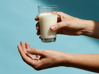 a woman's hand holds out a glass of milk against a pastel blue background, in a close-up shot.