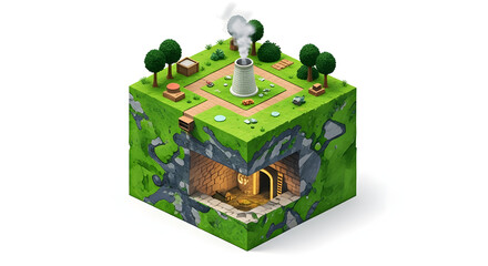 Isometric view of a stylized factory with a green environment, a mine entrance, and a chimney with smoke on isolated white background