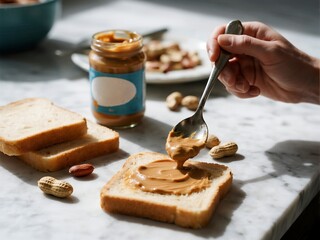a person spreading peanut butter on white bread with a knife, surrounded by an empty jar of natural peanuts and scattered ingredients