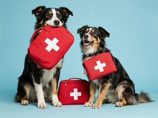 two happy dogs with a red first-aid bag, against a light blue background, in a studio shot, professional photography, for advertising purposes