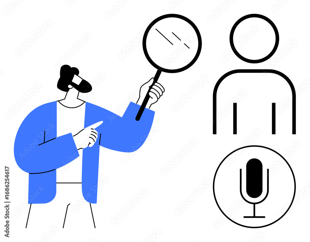 Poster man with magnifying glass, abstract user, and microphone symbolizing search, communication, profile,