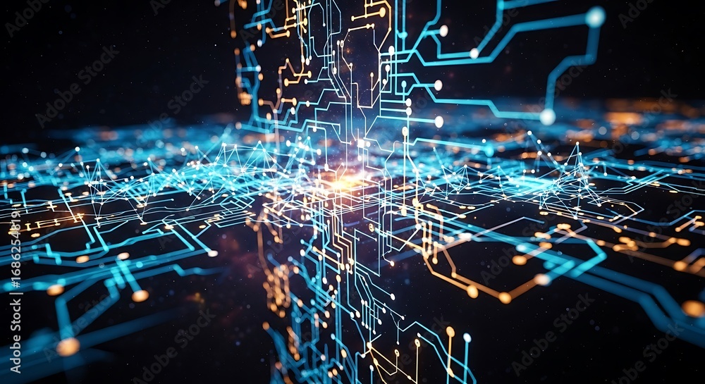 Poster complex interconnected system with circuit board design and futuristic glow