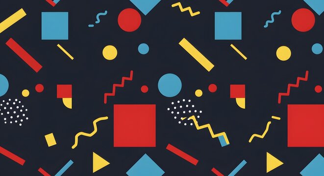 Vibrant retro seamless pattern with colorful geometric shapes. Abstract 80s style background with circles, squares, and squiggles