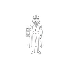 Cartoon Vampire Holding Lantern – Black and White Halloween Character Illustration.