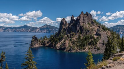 Obraz premium Scenic panoramic view of rugged mountain peaks surrounding a crystal clear lake with lush pine trees under blue sky and fluffy clouds