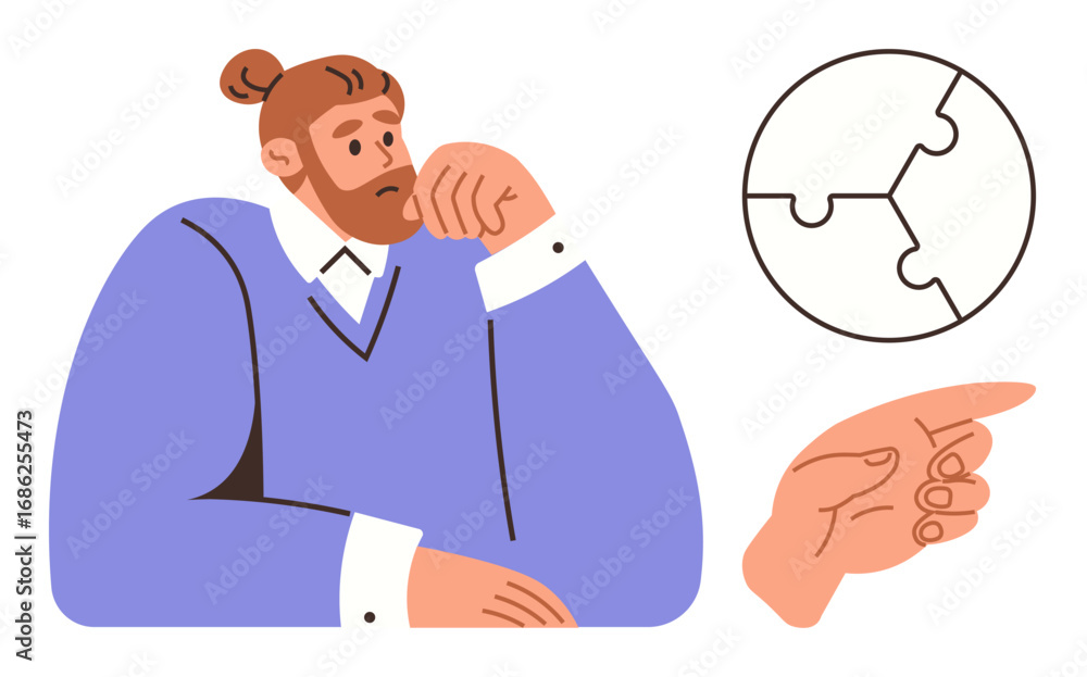 Aufkleber man deep in thought, resting head on hand, puzzle globe signifying problem-solving, and finger point