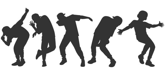 Set vector illustrations of silhouettes of kpop idols singing and dancing on stage. Flat vector kpop boyband. Male dancers, rapper, singer with various different styles, poses and choreography.