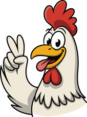 Funny cartoon rooster saying good morning, chicken character with peace sign, farm animal illustration, cheerful morning greeting, vector design