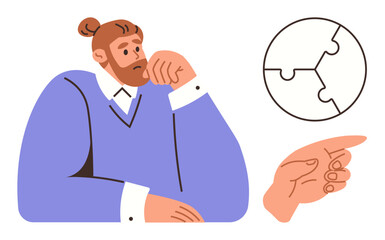 Man deep in thought, resting head on hand, puzzle globe signifying problem-solving, and finger pointing towards direction. Ideal for decision-making, strategy, problem-solving, brainstorming
