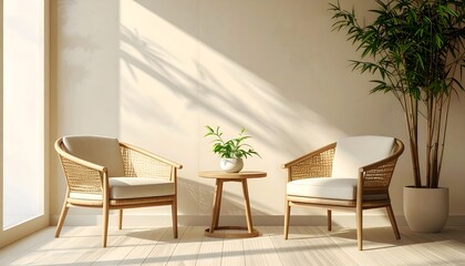 Fototapeta premium Flawless bamboo reception lounge with symmetrical chairs, round side table, Lucky Bamboo plant, beige wall, photorealistic