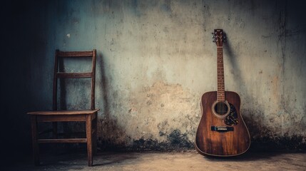 Rustic Acoustic Guitar Leaning Against Wall with Wooden Chair in Minimalist Interior Setting