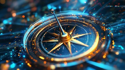 Golden compass pointing north over futuristic technological connections - Powered by Adobe