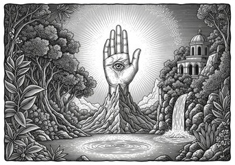 Monochrome Woodcut Hamsa Hand with Eye, Waterfall, and Temple Landscape