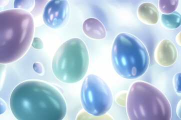 A vibrant collection of pastel-colored Easter eggs floats against a soft, luminous white background, creating a festive and ethereal atmosphere.