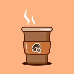 Coffee Cup with Steam, Takeaway Beverage Icon, Latte Mug Cartoon Illustration. Perfect for use in food branding, digital stickers, menu design, beverage packaging, kawaii art