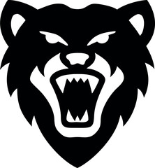 Stylized black icon of a ferocious grizzly bear head roaring with aggression, a symbol of untamed wilderness and raw power