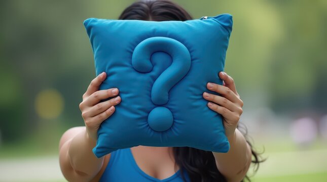 Mysterious Question Mark: A person obscures face, holding a blue cushion with an embossed question mark, against a backdrop of blurred greenery. Evoking curiosity, mystery, and contemplation