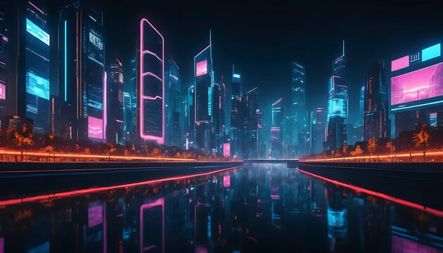 Futuristic Neon City Skyline at Night with Reflections on River