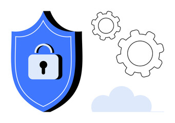 Blue shield with lock, outline gears, and cloud elements representing data protection, cybersecurity, innovation, and operational efficiency. Ideal for IT, technology, privacy secure processes