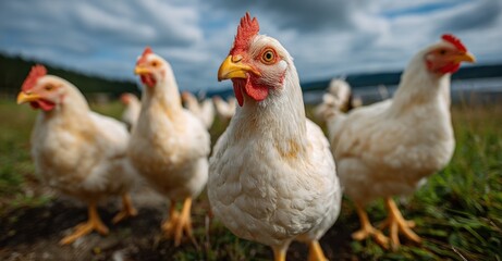 Fototapeta premium Charming Gathering of Colorful Chickens in Lush Green Field Under Bright Blue Sky Showcasing Natural Beauty and Vibrant Farm Life Atmosphere