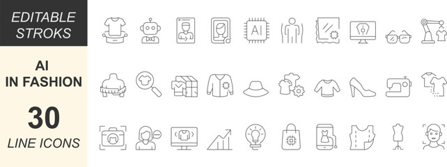 AI in Fashion vector icon set with minimal line art designs of clothing, fabric, model, styling, trends, and digital innovation. Perfect for apps, web, retail, and fashion tech projects.