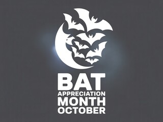 Bat appreciation month october graphic featuring a full moon with bats flying around it