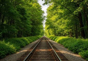 Fototapeta premium Railroad Tracks Vanishing Point Through Green Forest Canopy, Sunlight and Shadows