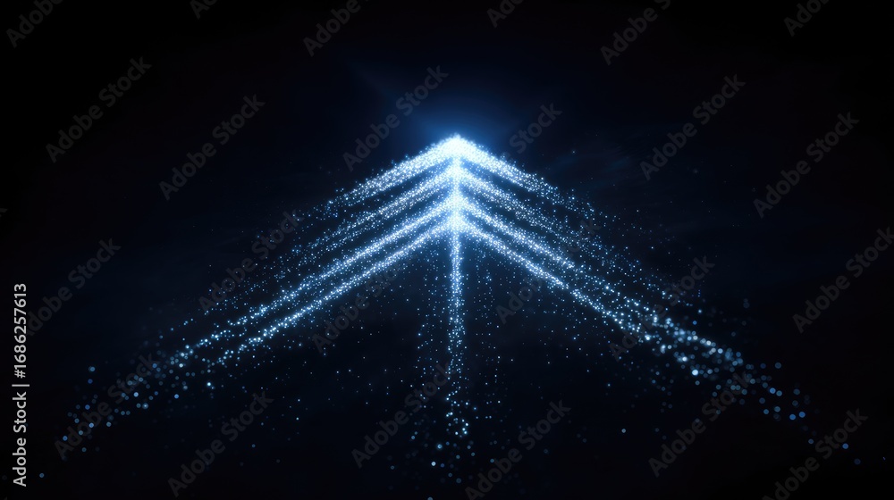 Poster glowing blue particles forming abstract pyramid shape on dark background for creative concepts in de