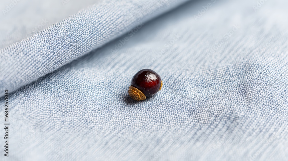 Poster close-up of a single shiny red chestnut resting on soft gray fabric with gentle texture and subtle f