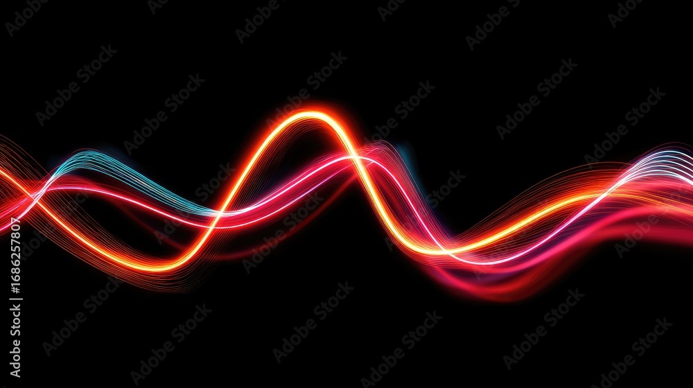 Poster colorful waves of light illustrating motion and energy in a dark background creating a vibrant visua