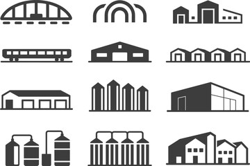 Industrial buildings icons set, vector silhouettes of warehouses, factories, silos, hangars, manufacturing, perfect for logistics, industry projects