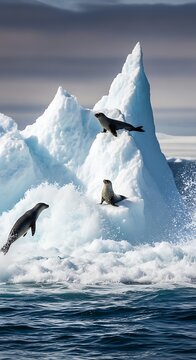 Leopard seals socializing on iceberg, icy wilderness, wildlife spectacle