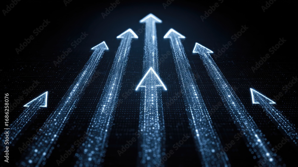 Poster digital ascending arrows with glowing particles representing growth and progress in a high-tech envi