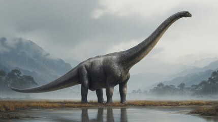 Obraz premium Majestic Large Dinosaur Towering Over Tranquil Body of Water Surrounded by Lush Greenery Evoking a Sense of Wonder and Prehistoric Adventure