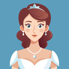 Elegant Bride Cartoon Portrait with Classic Hairstyle and Pearl Accessories on Light Blue Backdrop